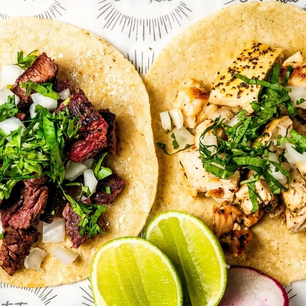 Two tacos, one with steak and one with chicken, topped with onions and cilantro, with lime wedges.