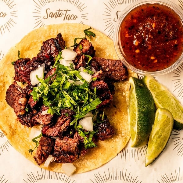 A Santo Taco carne asada taco with onions and cilantro, salsa, and lime wedges.