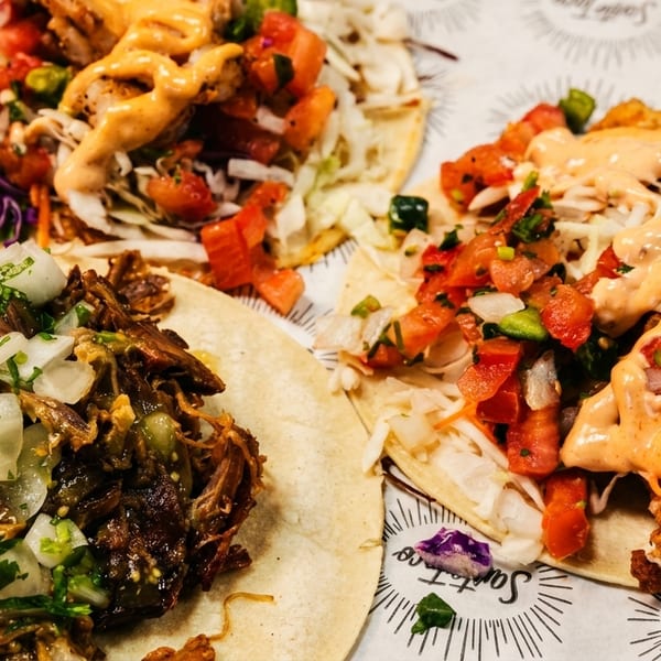 Three Santo Taco tacos, one with shredded beef, two with fried fish, salsa, and sauce.