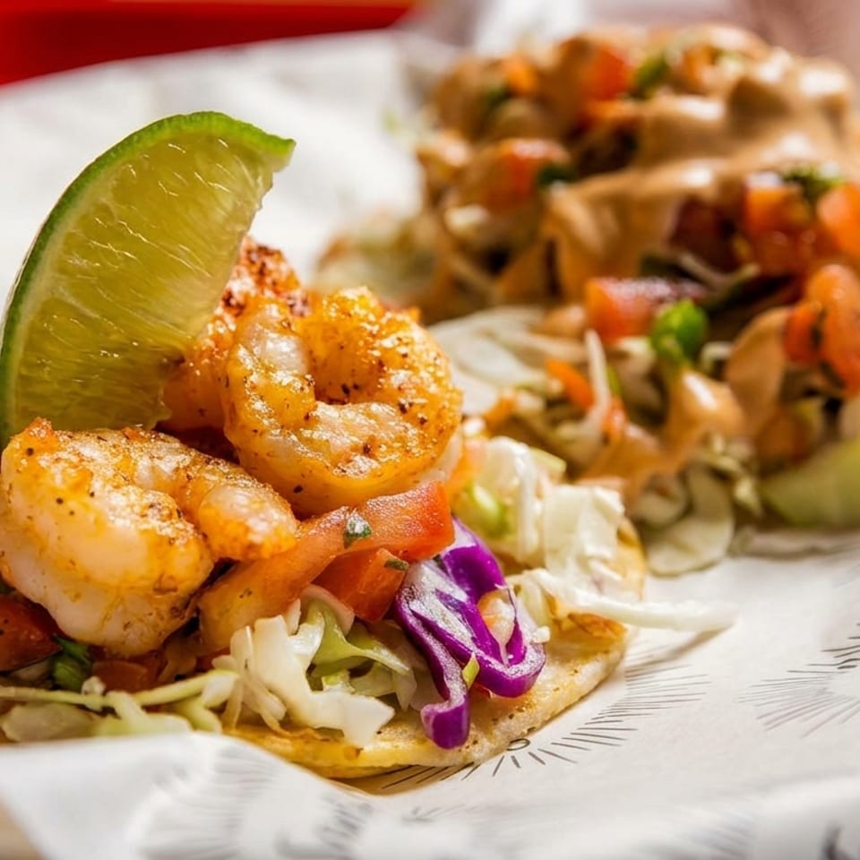 Two shrimp tacos with cabbage, tomatoes, and lime wedges on branded paper.